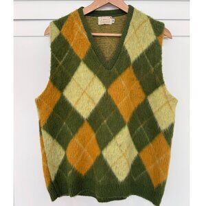 1970s Brent Montgomery Ward Mohair Argyle Sweater Vest Fuzzy Hairy Knit - M
